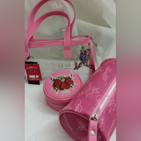 Ed Hardy Skull, Roses & Butterfly Pink See-Thru Barrel Bag w/ 2 Complimentary - Picture 4 of 16